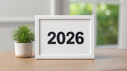 A framed number "2026" beside a small plant on a wooden surface.
