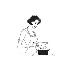 Black and White Illustration of Beautiful Woman Cooking in the Kitchen Minimalist Elegant Artwork Design