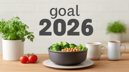 Healthy meal prep with plants and coffee, promoting a positive lifestyle for 2026 goals.