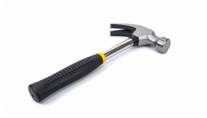 "Used claw hammer with yellow and black handle on neutral background, showcasing wear, texture, and utility in construction and repair."