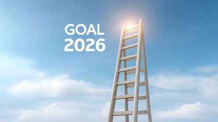 A ladder reaching towards a bright goal in the sky emphasizing ambition for 2026.