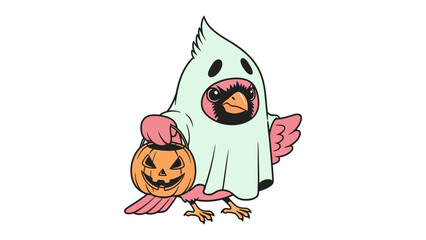 Halloween Bird's Spooky Fun: This illustration features a charming bird dressed as a ghost, ready to celebrate Halloween. The bird holds a carved pumpkin basket. The artwork captures a whimsical.