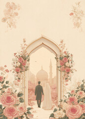 Elegant Islamic wedding invitation illustration featuring a couple in a floral archway with a mosque backdrop