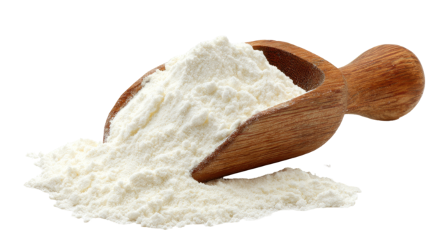 Wooden scoop filled with white flour