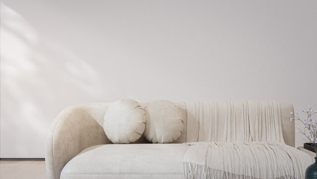 3d rendering of minimalist living room with modern sofa and neutral white beige backdrop. Soft blurred foliage leaf shadow on clean bright wall in cozy interior space for relaxation.