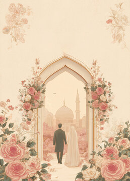 Elegant Islamic wedding invitation illustration featuring a couple in a floral archway with a mosque backdrop