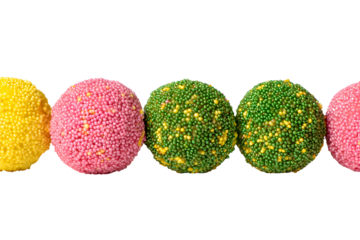 Row of colorful sprinkled candy balls, round sweet confection, isolated on transparent background for party and dessert decor

