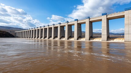 Medium wide shot of automated gates rising as part of Smart Flood Barrier flood control system. 