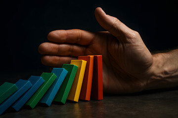 Control and Prevention: A hand strategically halts a cascading domino effect, symbolizing the power of control and the importance of preventing chaos and failure in a dynamic and colorful composition.