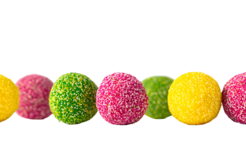 Row of colorful sprinkled candy balls, round sweet confection, isolated on transparent background for party and dessert decor


