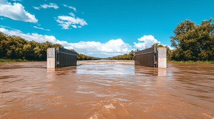 Medium wide shot of automated gates rising as part of Smart Flood Barrier flood control system. 