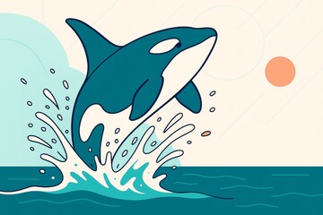 Naklejka premium Stylized illustration of orca jumping out of ocean with splash against pastel sky and sun in minimalist cartoon style concept background. Ai generative