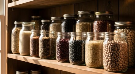 Organized pantry shelf displaying various glass jars filled with dried grains, beans, and seeds.