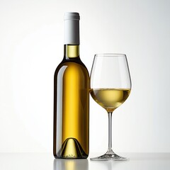 Clear bottle of white wine next to a filled wine glass on a light background, evoking elegance and simplicity