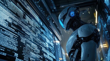 Robot examining code on large screen in futuristic server room