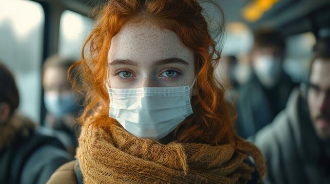 Young woman with red hair and freckles wearing a protective face mask and brown scarf on public transport with blurred passengers in the background