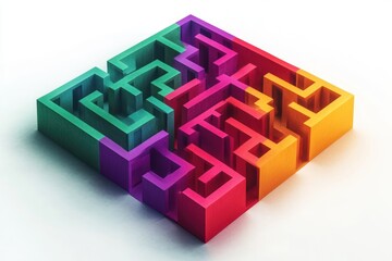colorful three-dimensional maze with segmented walls in green, purple, red, and orange shades casting soft shadows on a white surface