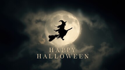 Witch Silhouette Over Full Moon — Happy Halloween.