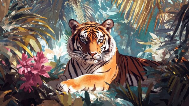 Majestic tiger resting among tropical flowers in jungle