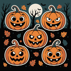 A spooky halloween night scene featuring five adorable jack o lanterns with diverse expressions under a full moon and bats