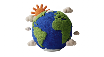 Handcrafted earth globe with sun and clouds isolated on transparent background