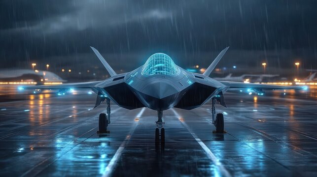 Stealth fighter jet on wet runway at night with rain falling and blue lights glowing under a cloudy dark sky