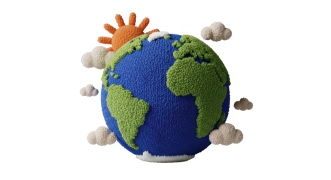 Handcrafted earth globe with sun and clouds isolated on transparent background