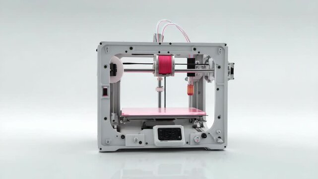 A desktop 3D printer extruding pink filament onto a pink build plate.