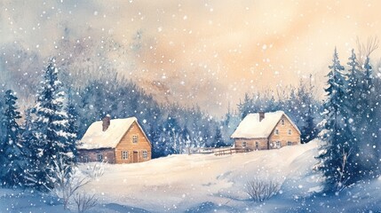 Two houses in a serene snowy forest during winter daytime