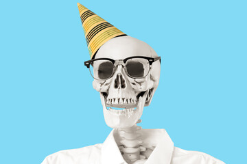Human skeleton in party hat and eyeglasses on blue background, closeup