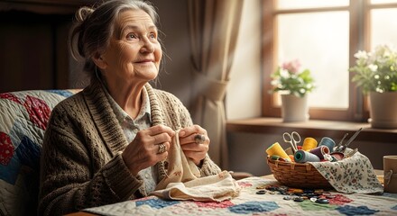 An elderly woman sits at a table sewing, looking up and smiling with a basket of craft supplies nearby.