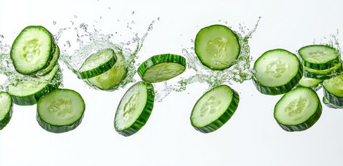 Fresh cucumber slices splashing in clear water with droplets frozen in midair against a white background, conveying freshness and hydration