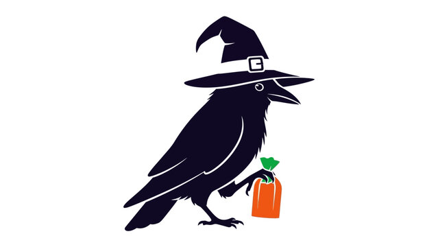 Mystical Raven with Halloween Treat: A dark raven, clad in a witch hat, holds a delightful pumpkin bag, symbolizing the enchantment and revelry of the spooky season. 