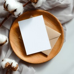 Elegant display of a white card on an envelope set among soft cotton and rustic decor