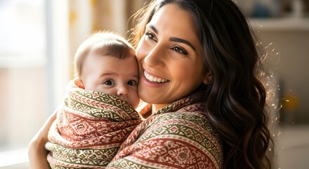 A loving mother with long dark hair smiles warmly while tenderly holding her swaddled baby close.