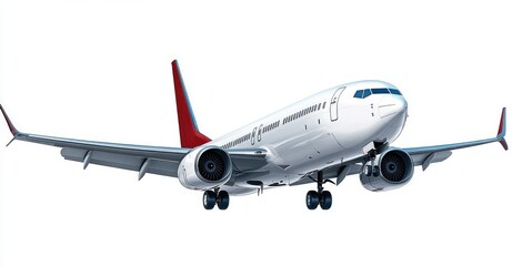 Obraz premium Commercial passenger airplane flying with landing gear down against a white background