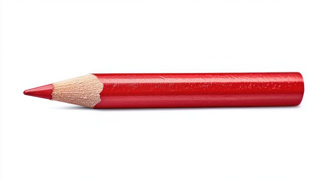 Close-up of a red colored pencil on a white background highlighting the sharp tip and wooden texture