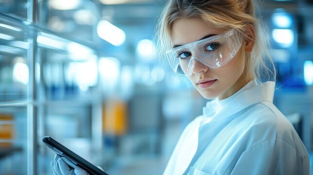 Young female scientist in protective goggles and lab coat working in modern laboratory holding tablet with focused expression