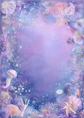Soft and dreamy pastel watercolor with delicate aquatic elements around a blank canvas in serene hues