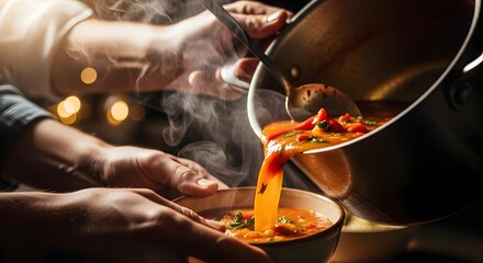A person ladles hot, steaming homemade soup from a large pot into a bowl held by another's hands.