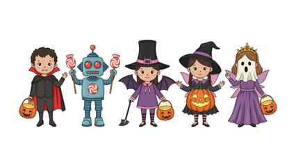 Spirited Halloween Costumes: A delightful collection of whimsical characters adorned in vibrant costumes, capturing the playful essence of a traditional Halloween celebration. 