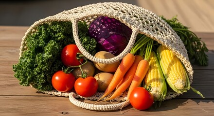 A woven tote bag overflowing with fresh, colorful produce including kale, tomatoes, potatoes, carrots, red cabbage, and corn on a wooden surface.