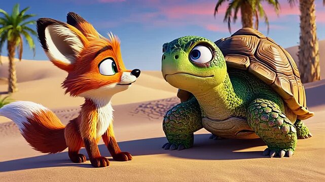 Animated Adventure Featuring Curious Fox and Wise Tortoise Exploring Friendship in Lush Desert Oasis at Sunset