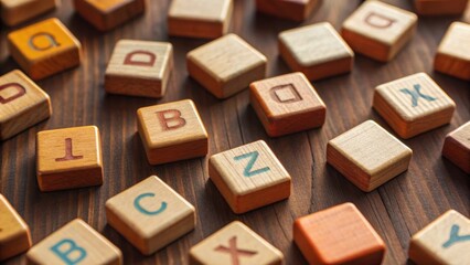 A collection of colorful wooden letter tiles scattered on a wooden surface, showcasing various letters and a playful vibe.