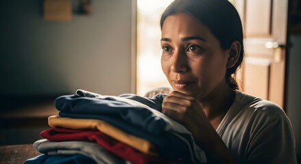 A thoughtful woman with her chin resting on her hand gazes at a neatly folded stack of colorful clothing, illuminated by soft natural light.