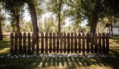 A weathered wooden picket fence stretches across a grassy yard, shaded by mature trees, on a sunny day.