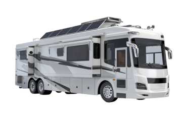 Modern RV motorhome camper van with solar panels side view isolated on transparent background, luxury travel vehicle illustration


