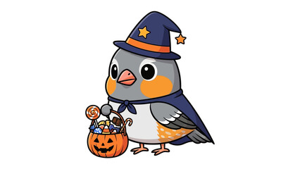 Halloween Bird Delight: An adorable bird dressed in a festive witch's hat and cloak joyfully holds a carved pumpkin basket filled with tempting candies, celebrating the spooky spirit of Halloween. 