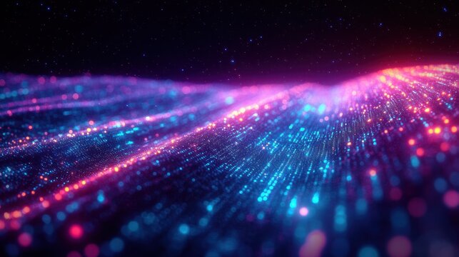 Abstract glowing wave of multicolored light particles flowing with a starry background creating a dynamic futuristic and digital atmosphere
