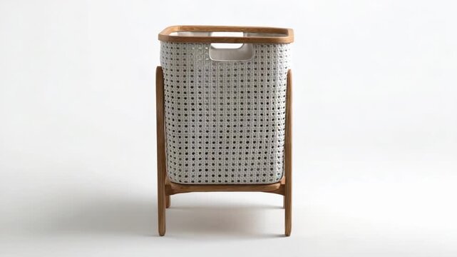 A freestanding laundry hamper with a white dotted fabric liner inside a wooden stand.